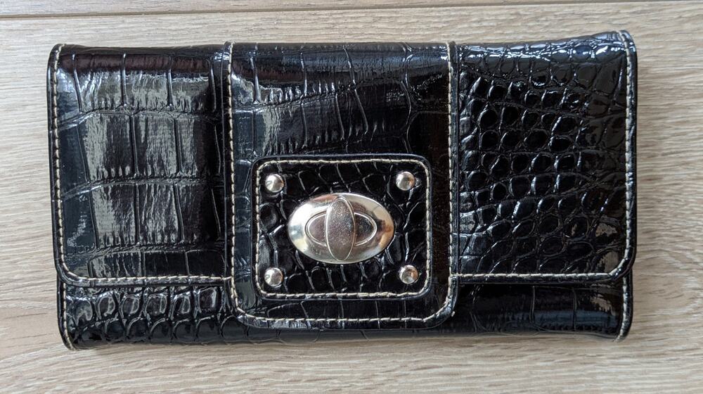 Jeun Bang Croc Embossed Wallet Black Glossy TriFold Checkbook Organizer NEW
